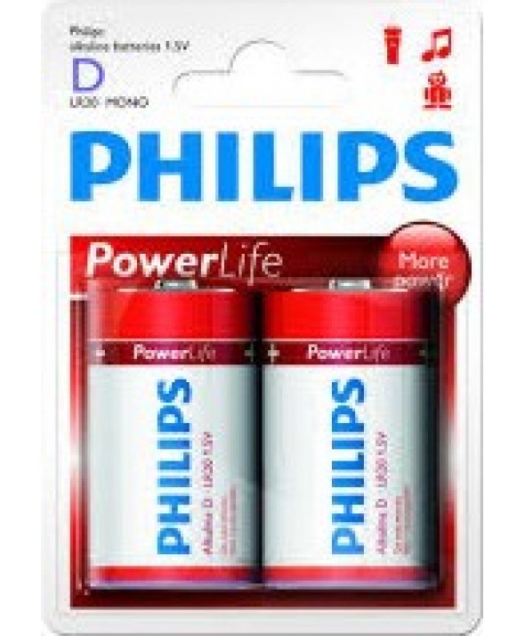 PILA ALCALINA LR20 PHILIPS POWER LIFE BLISTER 2 UNIDADES